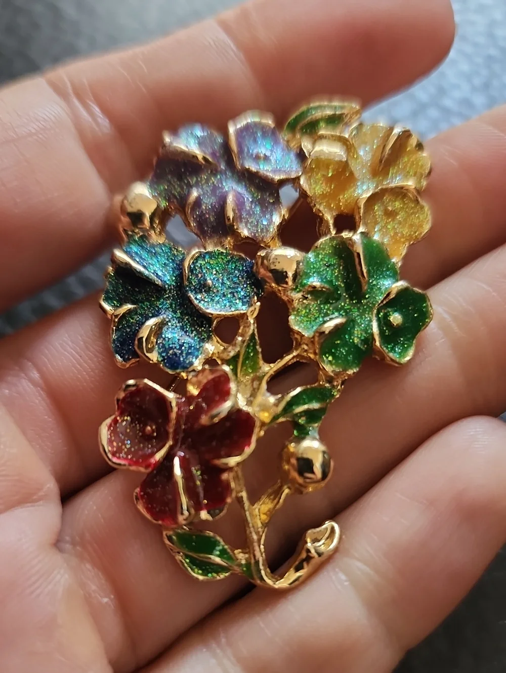 VTG Gold Floral Enamel Brooch with Multicolor Flowers